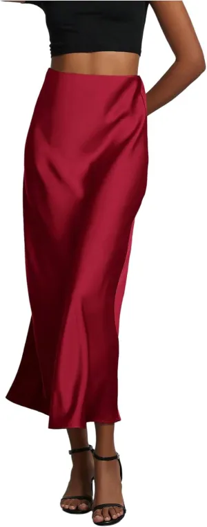 SHENHE Women's Satin Maxi Skirts High Waisted A Line Long Skirts Elegant Office Skirts