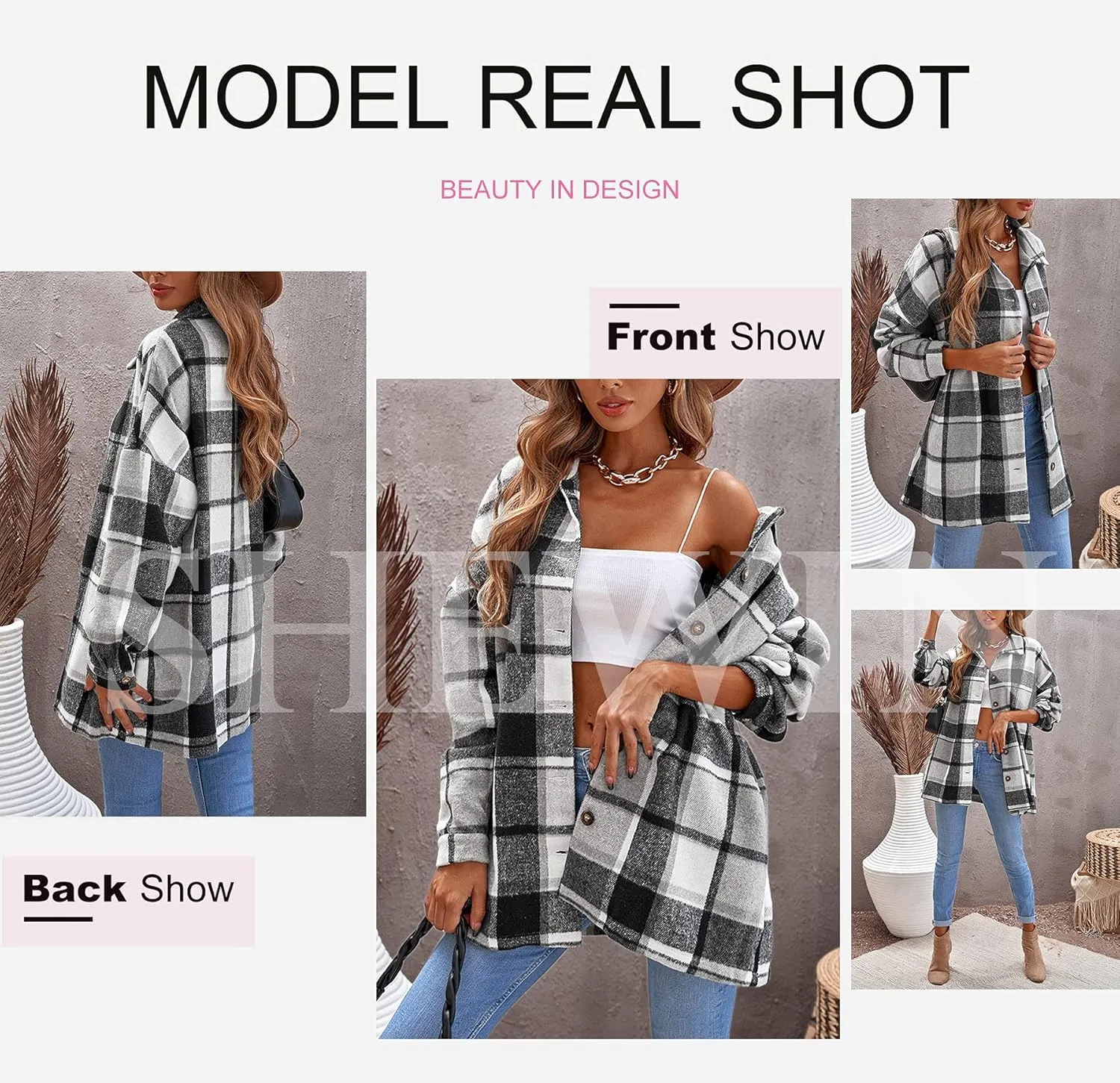 SHEWIN Womens Long Sleeve Plaid Shirts Flannel Lapel Button Down Shacket Jacket Coats