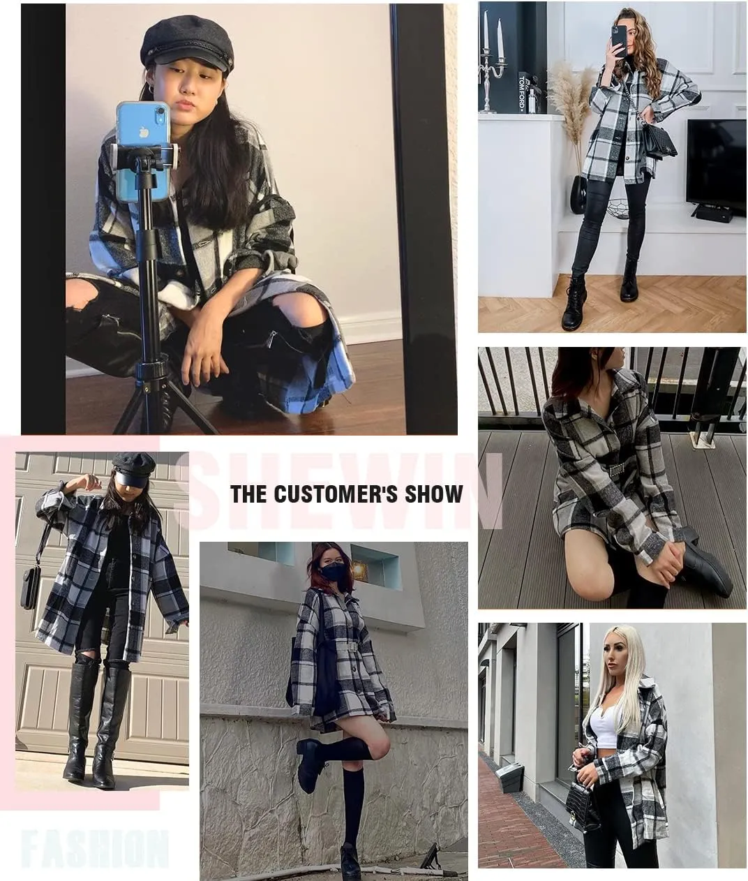 SHEWIN Womens Long Sleeve Plaid Shirts Flannel Lapel Button Down Shacket Jacket Coats