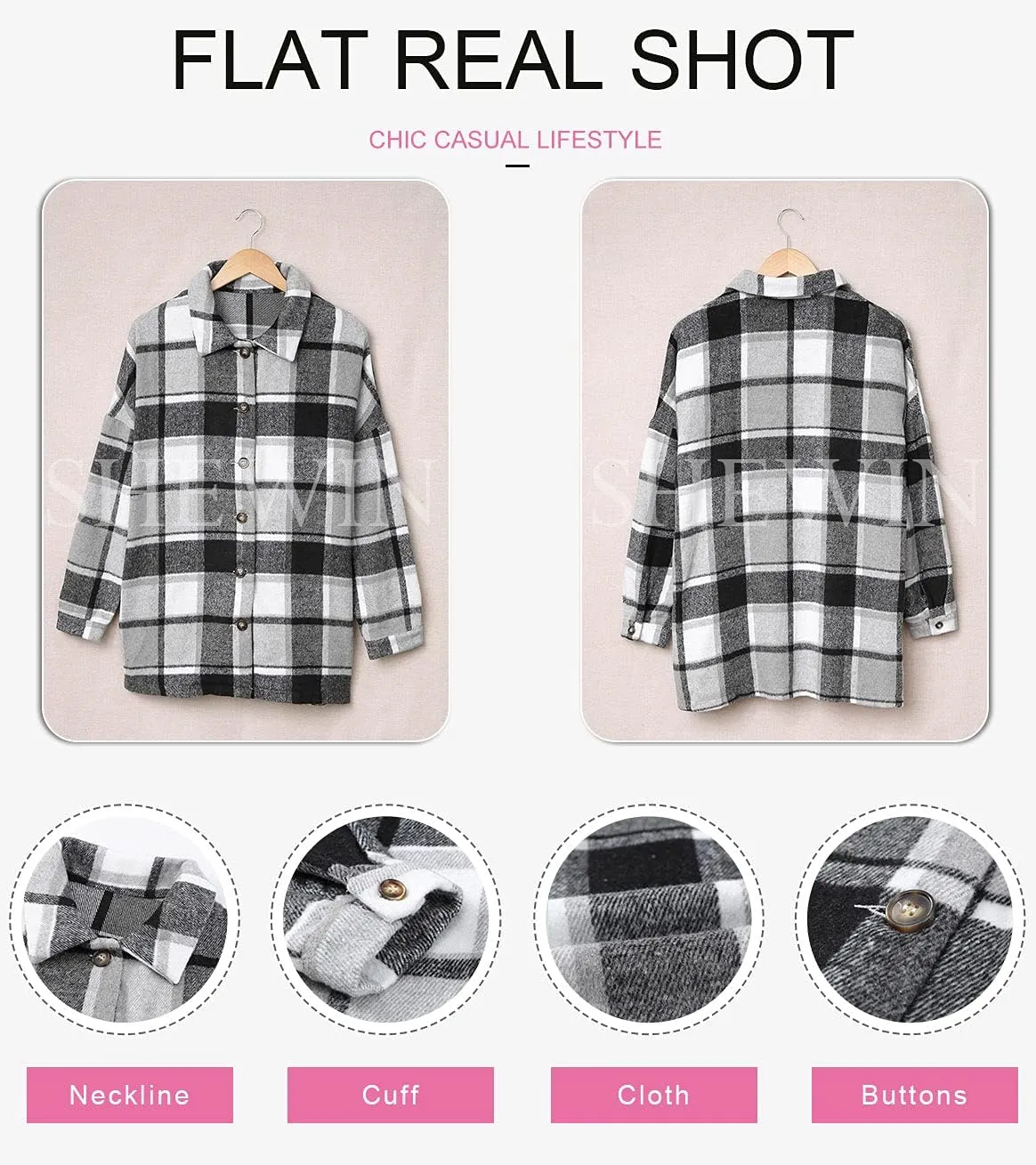 SHEWIN Womens Long Sleeve Plaid Shirts Flannel Lapel Button Down Shacket Jacket Coats