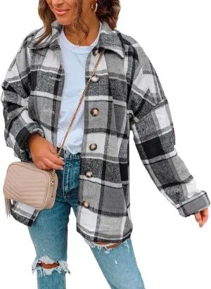 SHEWIN Womens Long Sleeve Plaid Shirts Flannel Lapel Button Down Shacket Jacket Coats
