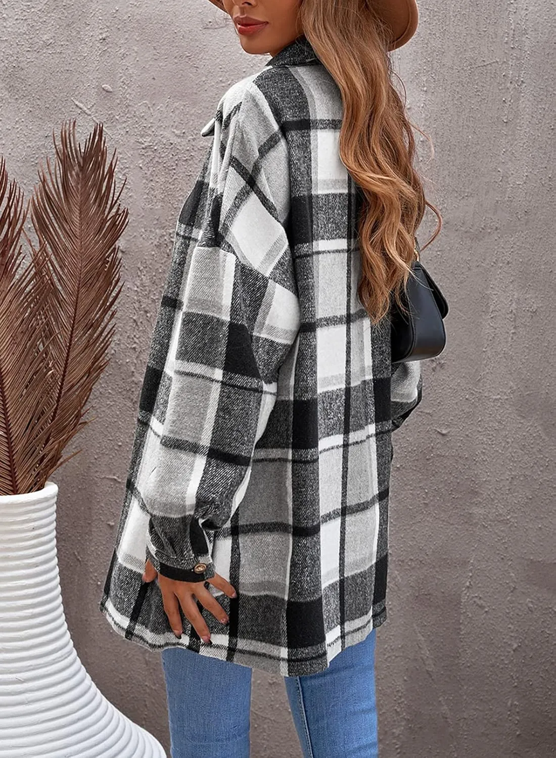 SHEWIN Womens Long Sleeve Plaid Shirts Flannel Lapel Button Down Shacket Jacket Coats
