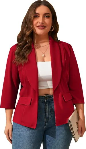 ShopWonder Womens Plus Size Casual Pocketed Blazer Office Open Front 3/4 Sleeve Cardigans Jacket Work Suit