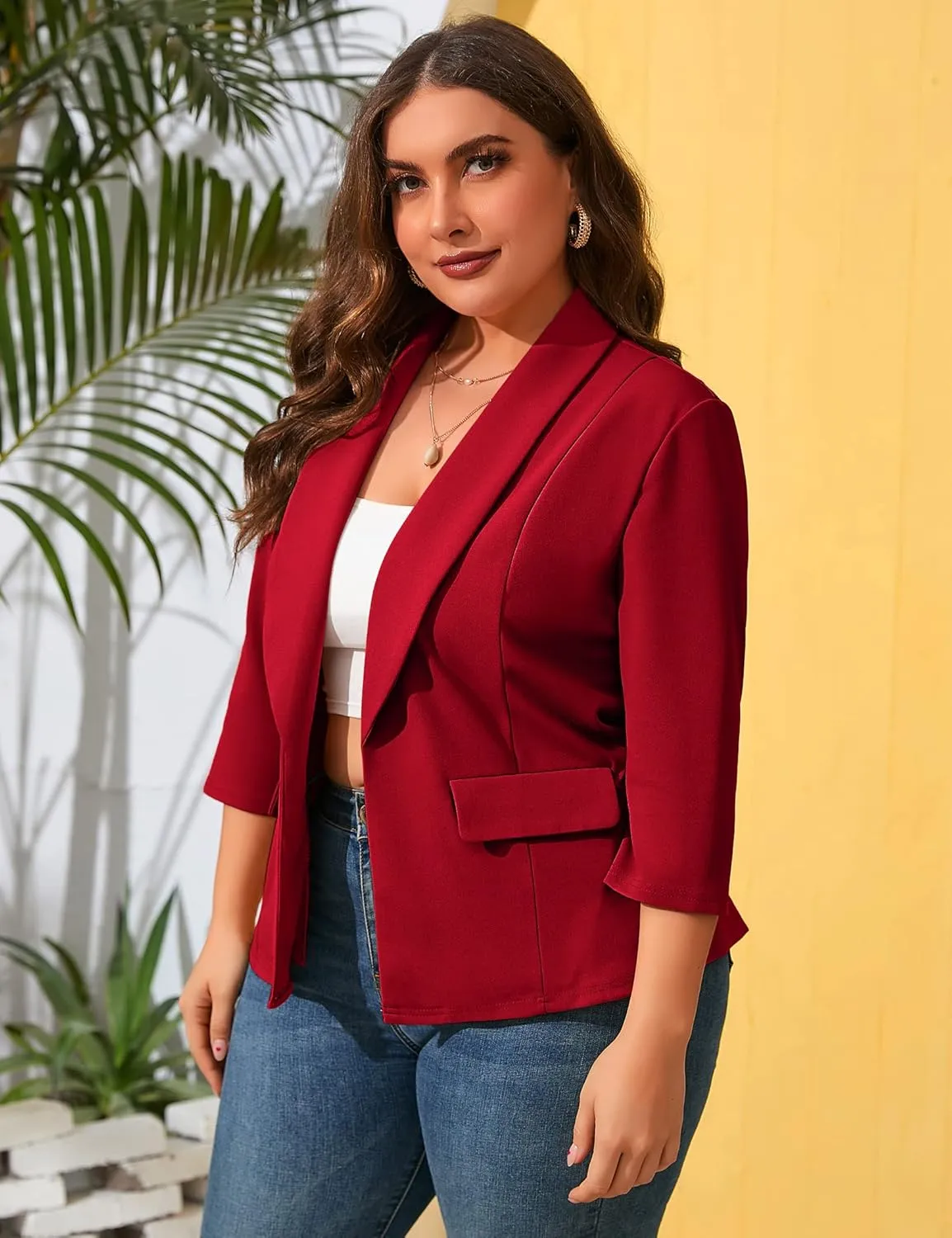 ShopWonder Womens Plus Size Casual Pocketed Blazer Office Open Front 3/4 Sleeve Cardigans Jacket Work Suit