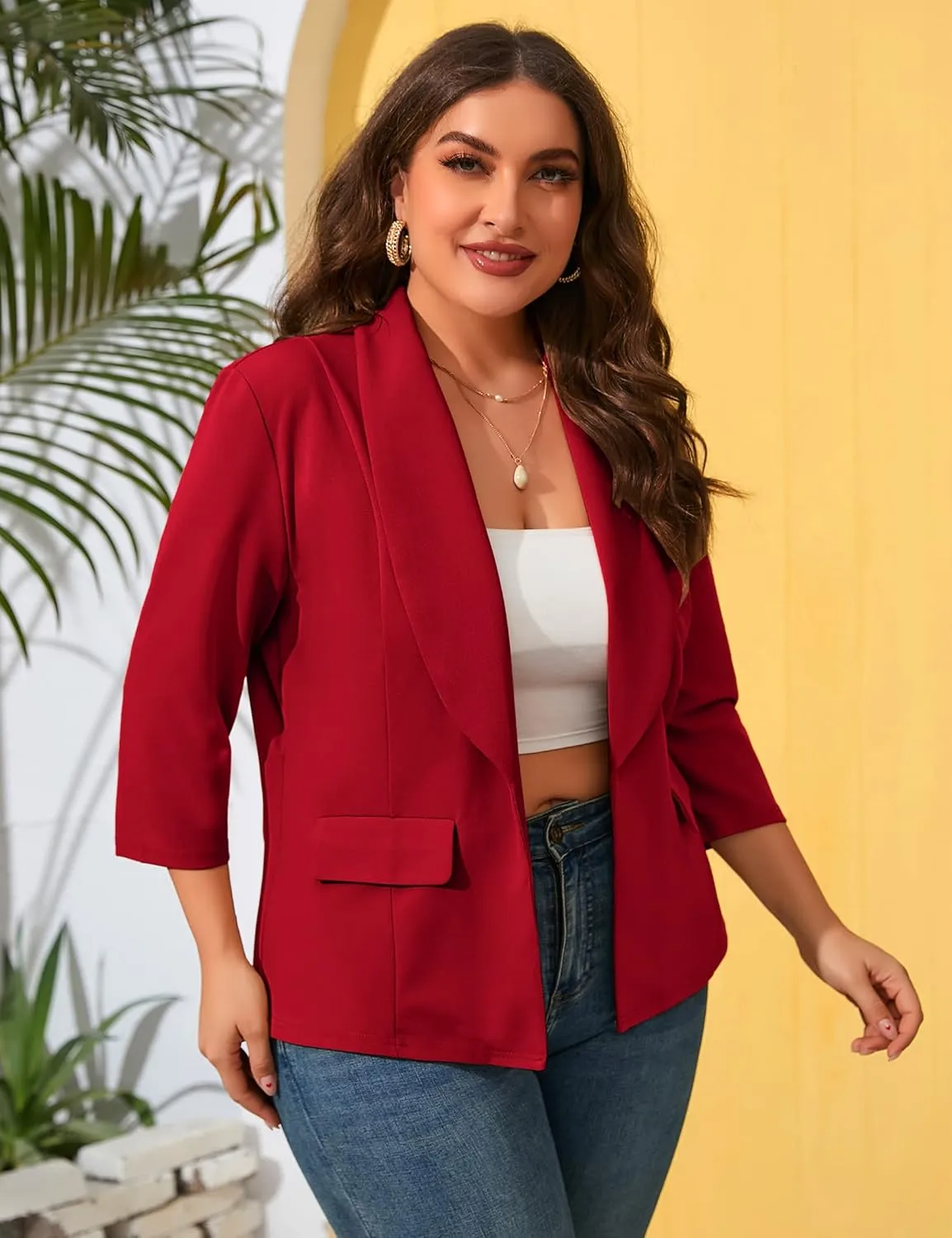 ShopWonder Womens Plus Size Casual Pocketed Blazer Office Open Front 3/4 Sleeve Cardigans Jacket Work Suit