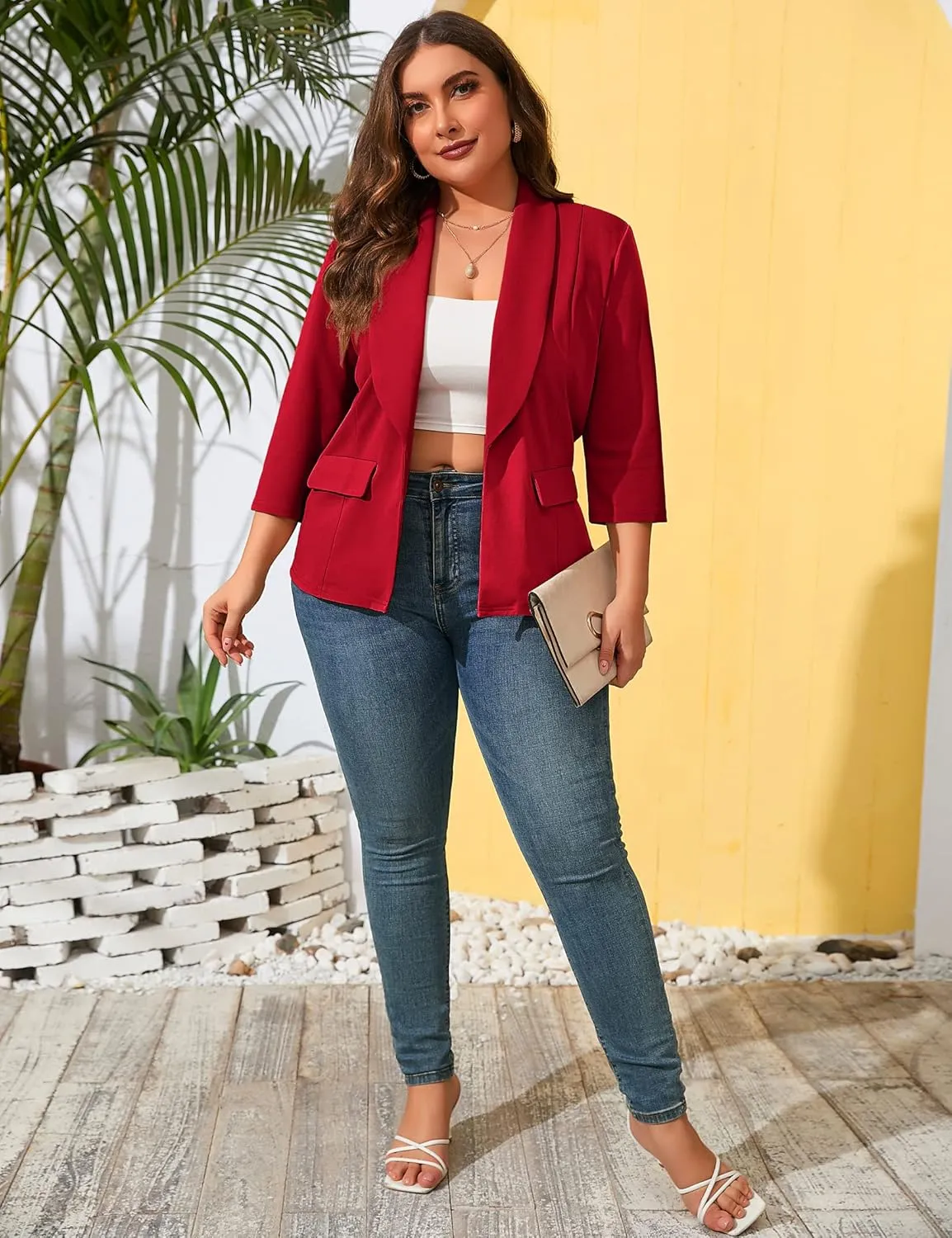 ShopWonder Womens Plus Size Casual Pocketed Blazer Office Open Front 3/4 Sleeve Cardigans Jacket Work Suit
