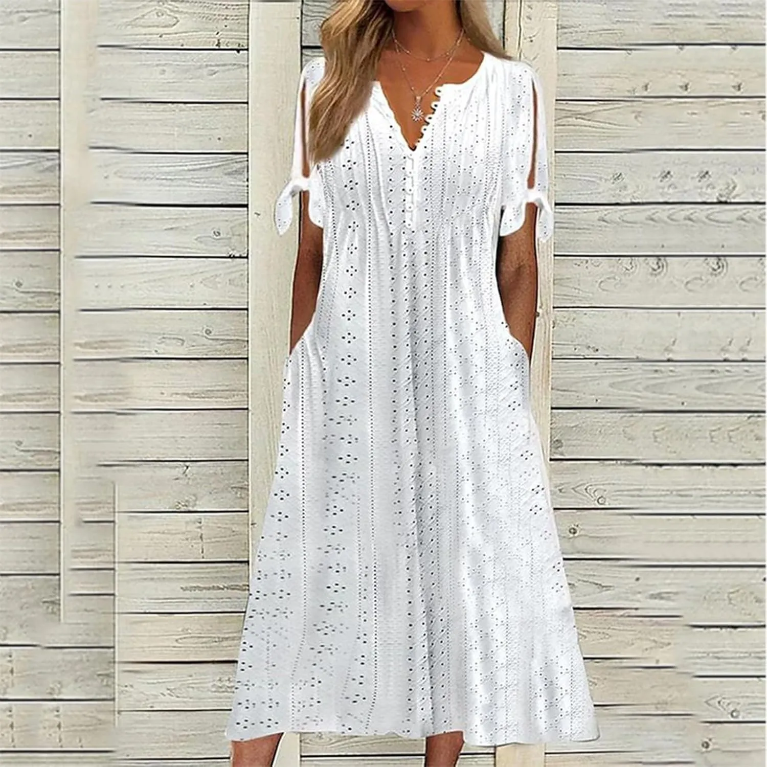 Short Sleeve Summer Dresses for Women 2025 Button V Neck Eyelet Beach Boho Vacation Maxi Sundress with Pockets
