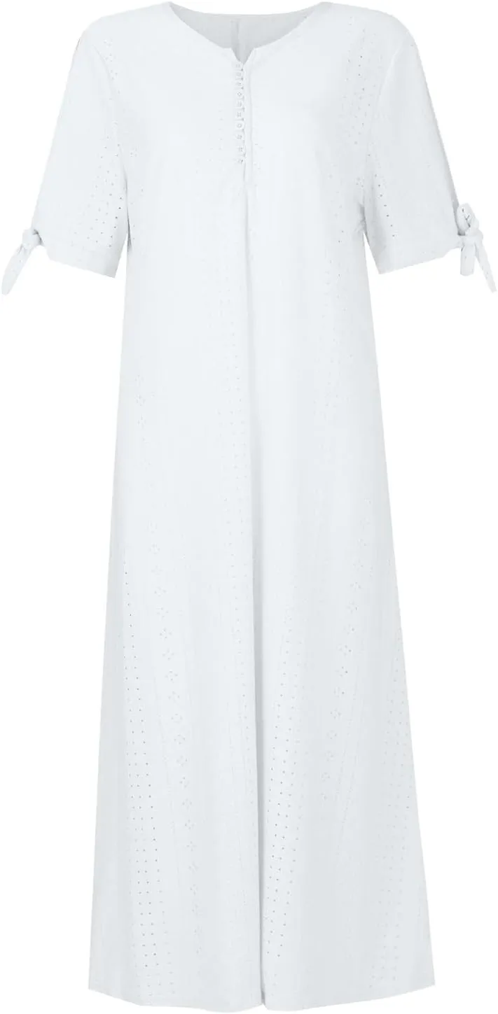 Short Sleeve Summer Dresses for Women 2025 Button V Neck Eyelet Beach Boho Vacation Maxi Sundress with Pockets