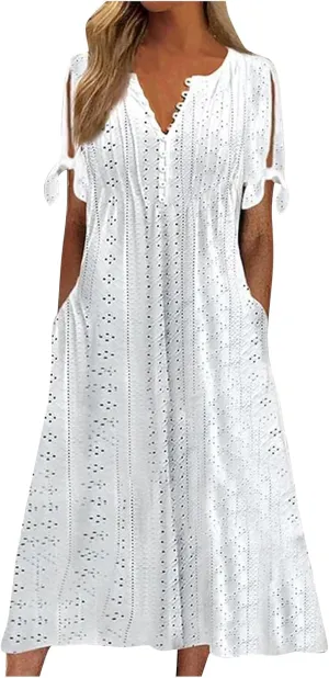Short Sleeve Summer Dresses for Women 2025 Button V Neck Eyelet Beach Boho Vacation Maxi Sundress with Pockets