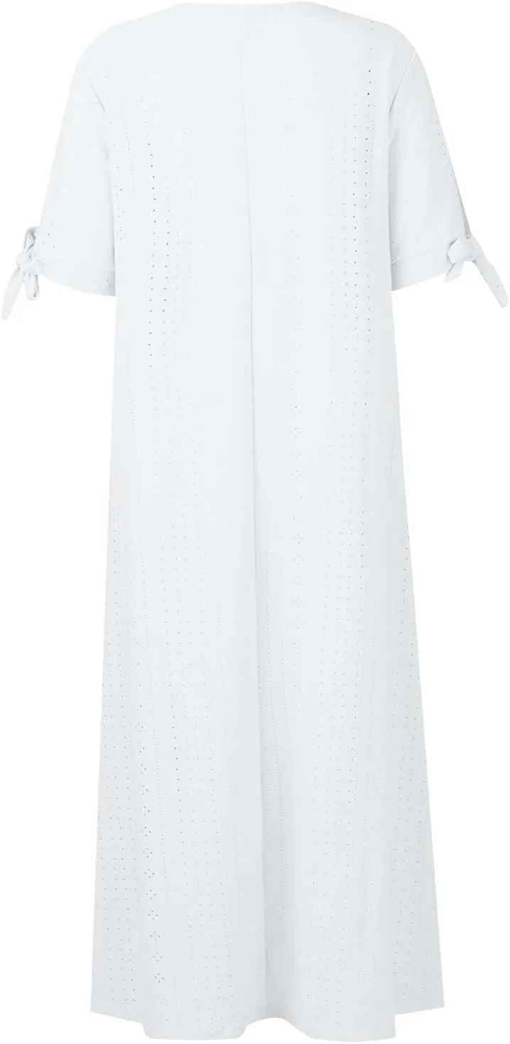 Short Sleeve Summer Dresses for Women 2025 Button V Neck Eyelet Beach Boho Vacation Maxi Sundress with Pockets