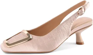 Slingback Kitten Heels for Women Closed Square Toe Low Heel Pumps with Metal Buckle Ankle Strap Heeled Sandals Dress Shoes for Work Date Daily Wear