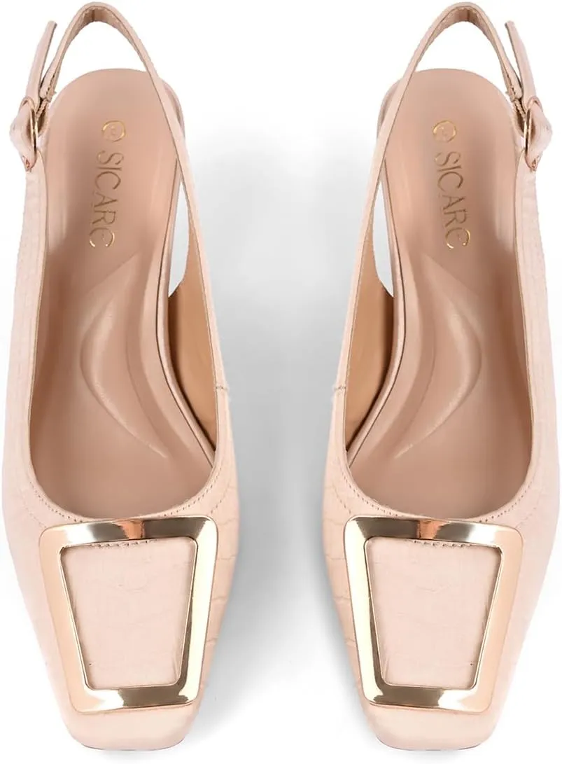 Slingback Kitten Heels for Women Closed Square Toe Low Heel Pumps with Metal Buckle Ankle Strap Heeled Sandals Dress Shoes for Work Date Daily Wear