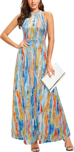 STYLEWORD Women's Summer 2025 Maxi Dress Floral Halter Neck Sexy Party Wedding Guest Long Formal Dress