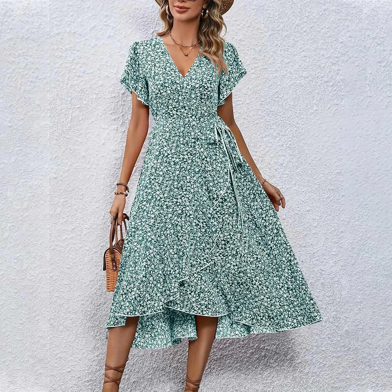 Summer Floral Dresses for Women 2025 Midi Wrap Dress V Neck Flutter Short Sleeve Tie Waist Ruffle Hem Beach Dresses