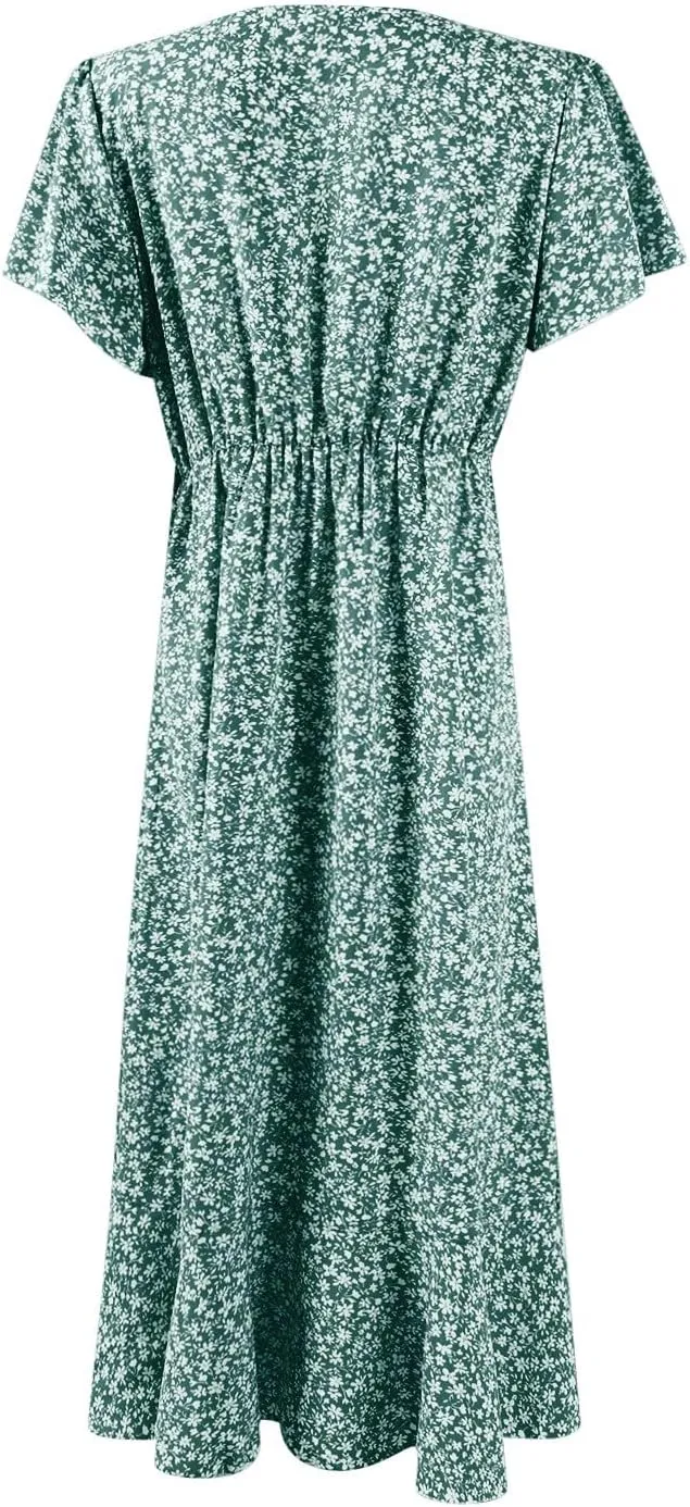 Summer Floral Dresses for Women 2025 Midi Wrap Dress V Neck Flutter Short Sleeve Tie Waist Ruffle Hem Beach Dresses