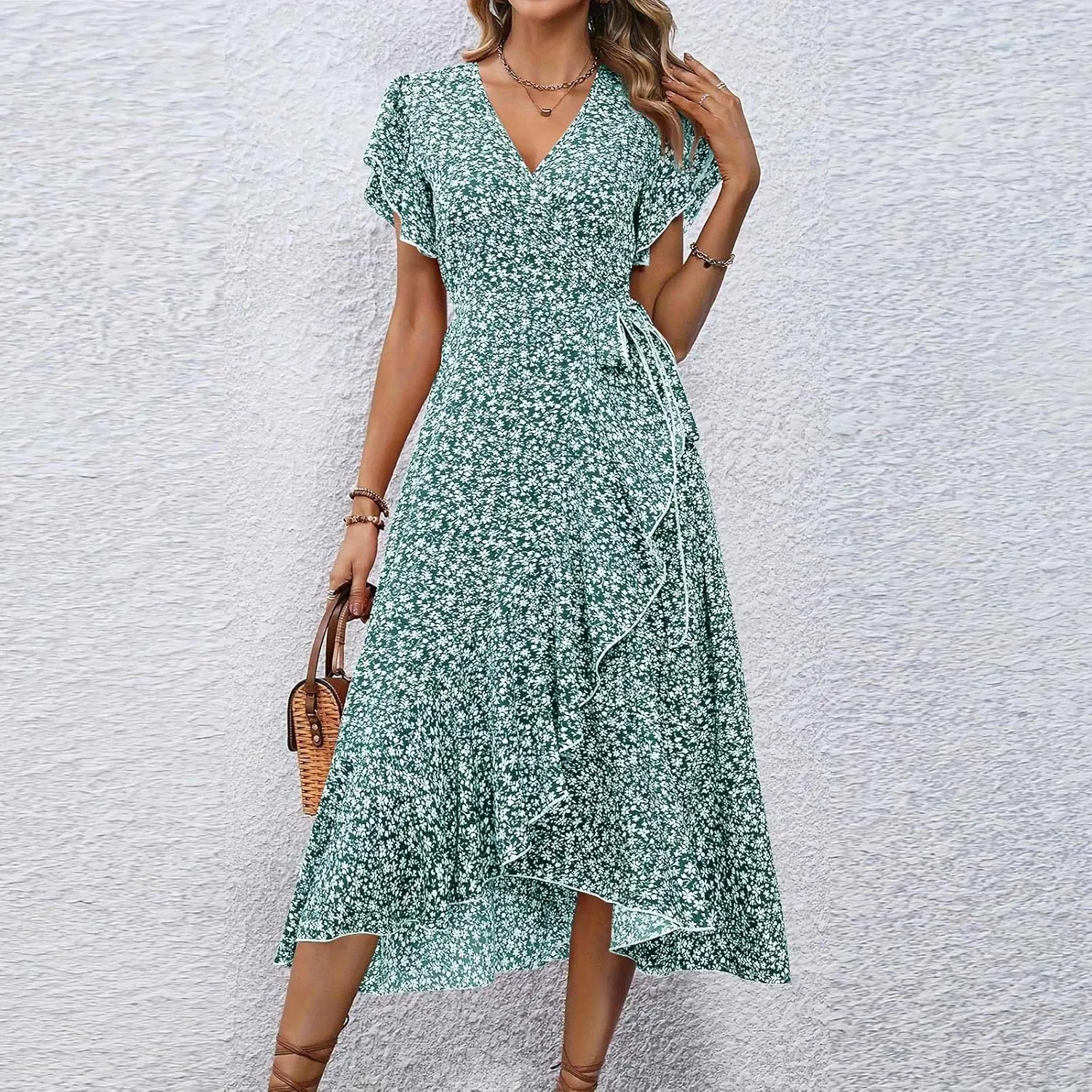Summer Floral Dresses for Women 2025 Midi Wrap Dress V Neck Flutter Short Sleeve Tie Waist Ruffle Hem Beach Dresses