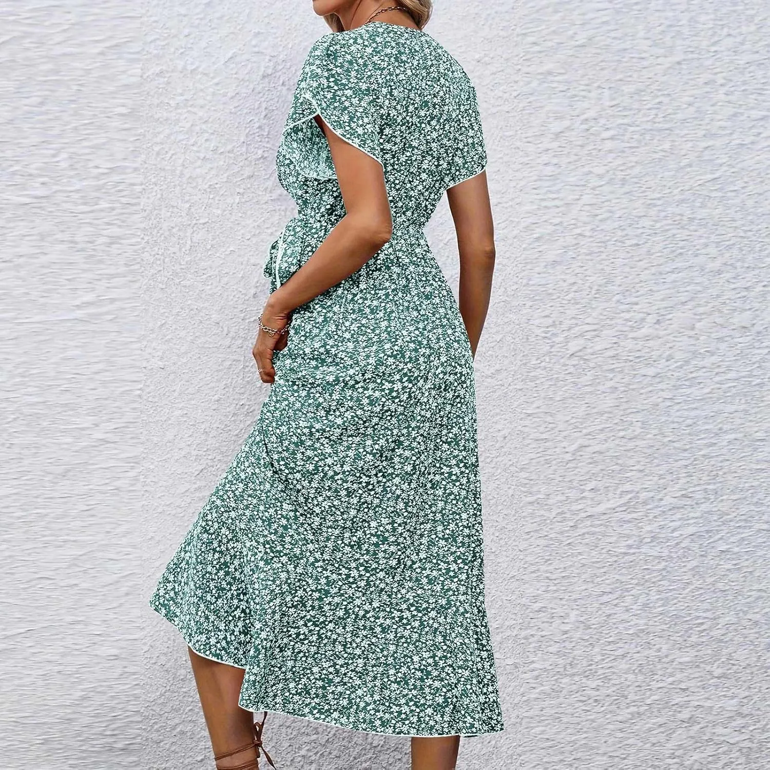 Summer Floral Dresses for Women 2025 Midi Wrap Dress V Neck Flutter Short Sleeve Tie Waist Ruffle Hem Beach Dresses