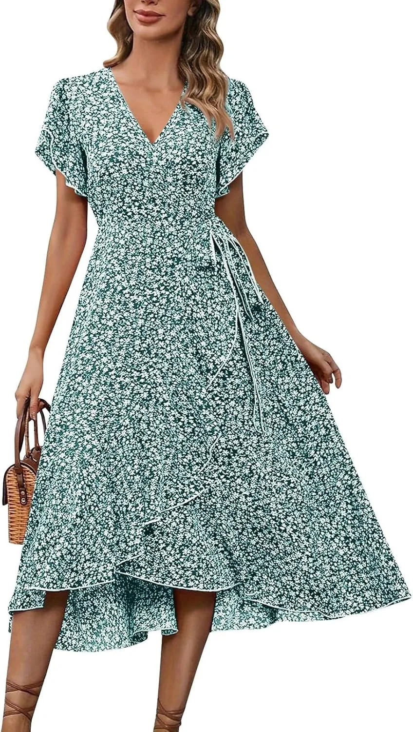 Summer Floral Dresses for Women 2025 Midi Wrap Dress V Neck Flutter Short Sleeve Tie Waist Ruffle Hem Beach Dresses