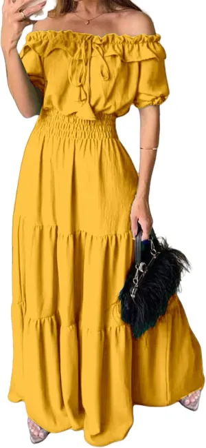 Summer Maxi Dresses for Women 2025 Off Shoulder Ruffle Dress Formal Office Dresses Smocked Waist Puff Sleeve Casual