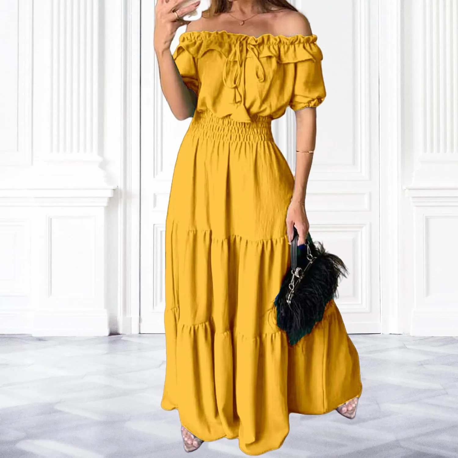 Summer Maxi Dresses for Women 2025 Off Shoulder Ruffle Dress Formal Office Dresses Smocked Waist Puff Sleeve Casual