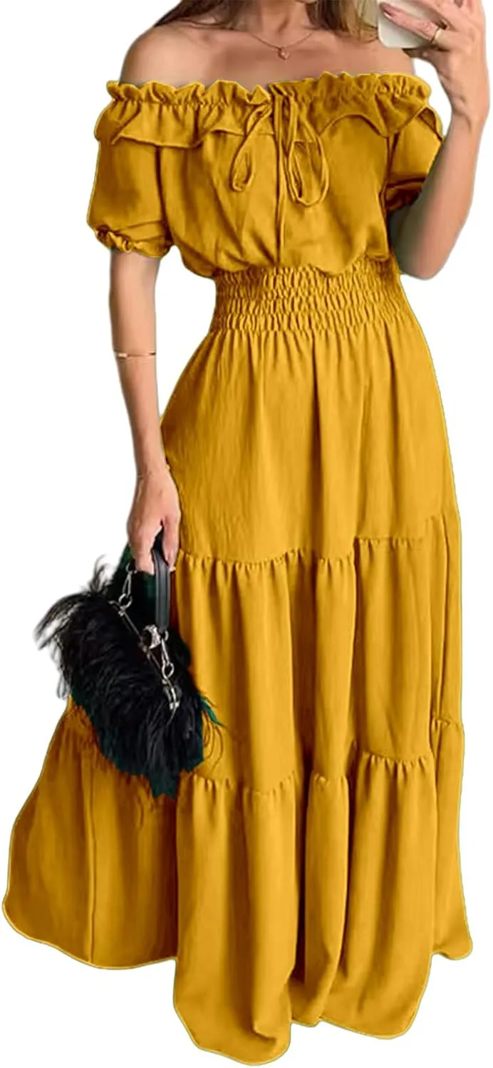 Summer Maxi Dresses for Women 2025 Off Shoulder Ruffle Dress Formal Office Dresses Smocked Waist Puff Sleeve Casual