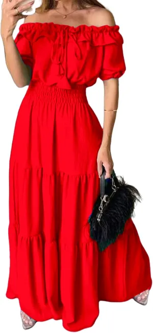 Summer Maxi Dresses for Women 2025 Off Shoulder Ruffle Dress Formal Office Dresses Smocked Waist Puff Sleeve Casual