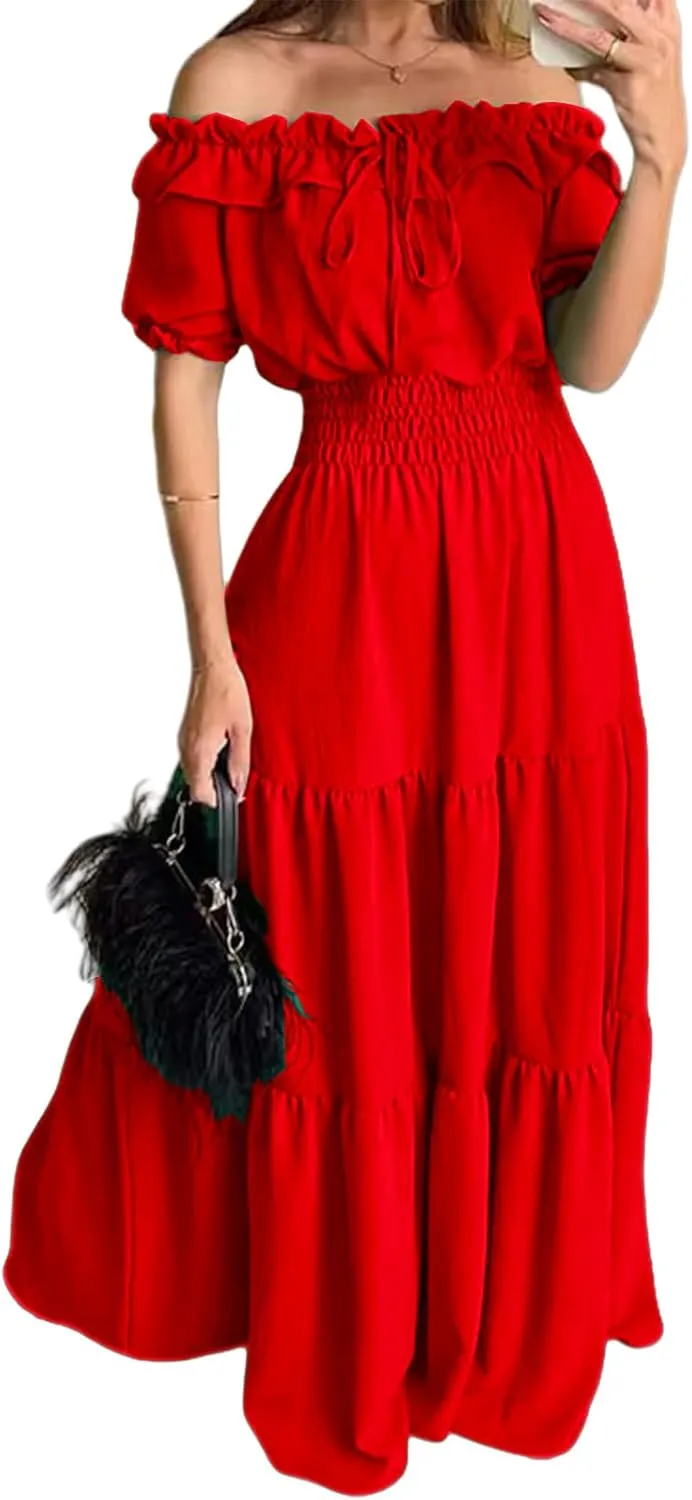 Summer Maxi Dresses for Women 2025 Off Shoulder Ruffle Dress Formal Office Dresses Smocked Waist Puff Sleeve Casual