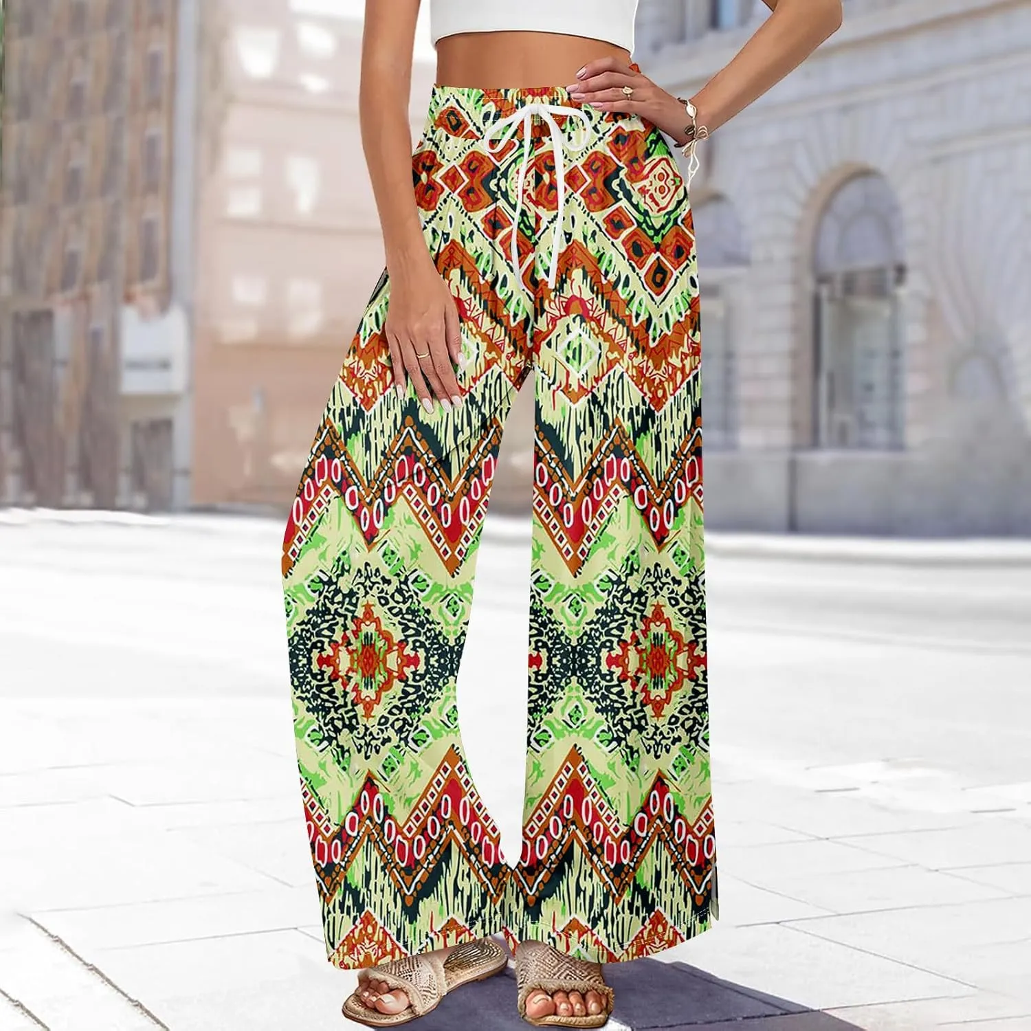 Summer Wide Leg Pants for Women Elastic Waist High Rise Floral Print Pants Beach Stretch Slit Loose Outfit Pocket 2025