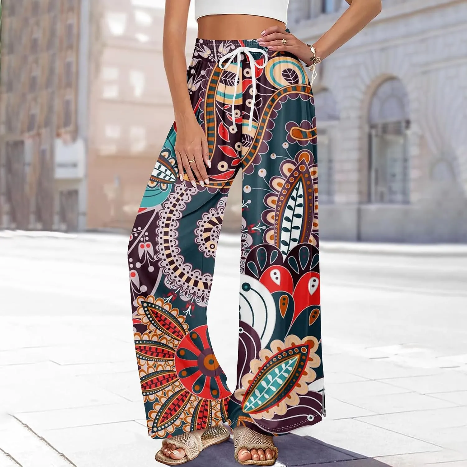 Summer Wide Leg Pants for Women Elastic Waist High Rise Floral Print Pants Beach Stretch Slit Loose Outfit Pocket 2025