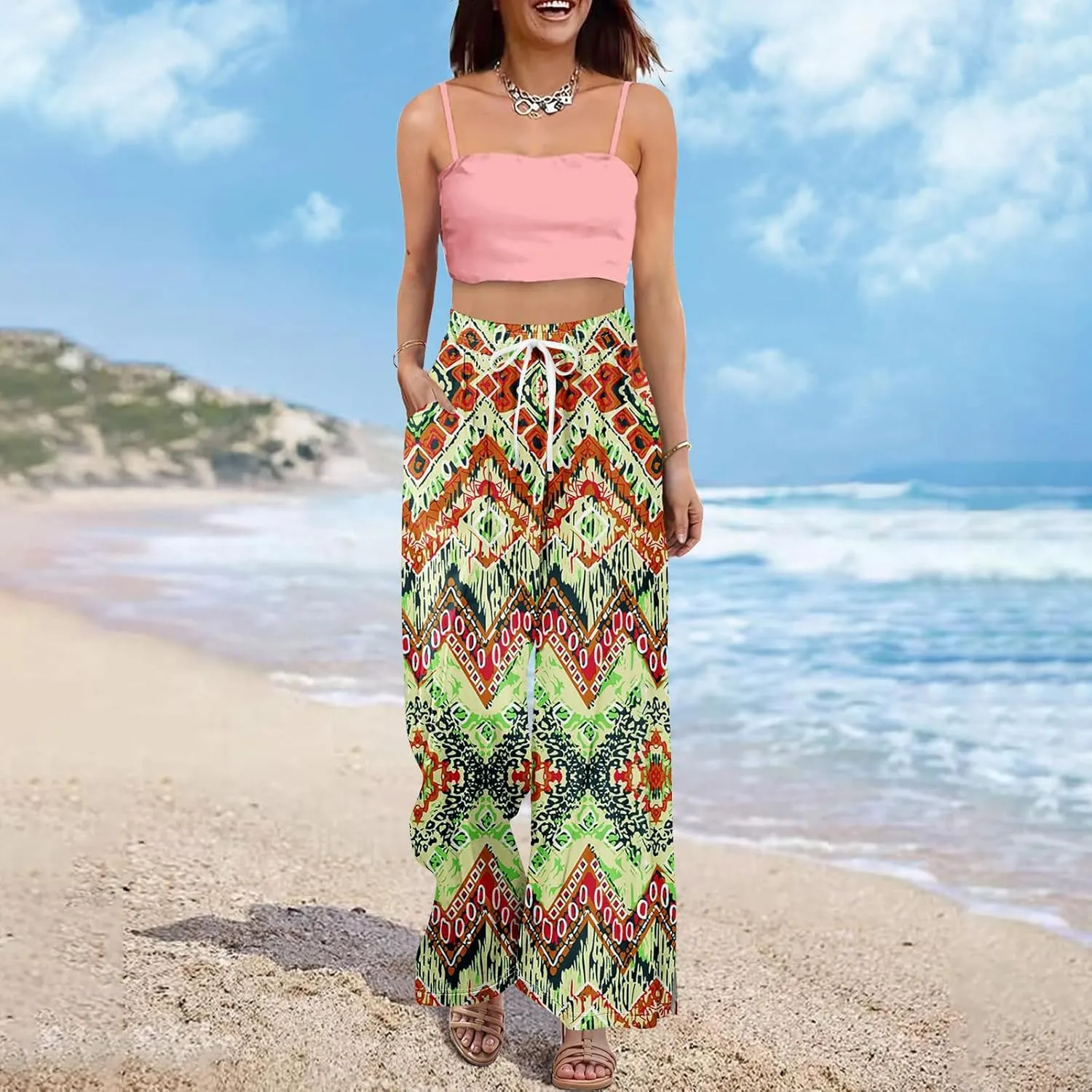 Summer Wide Leg Pants for Women Elastic Waist High Rise Floral Print Pants Beach Stretch Slit Loose Outfit Pocket 2025