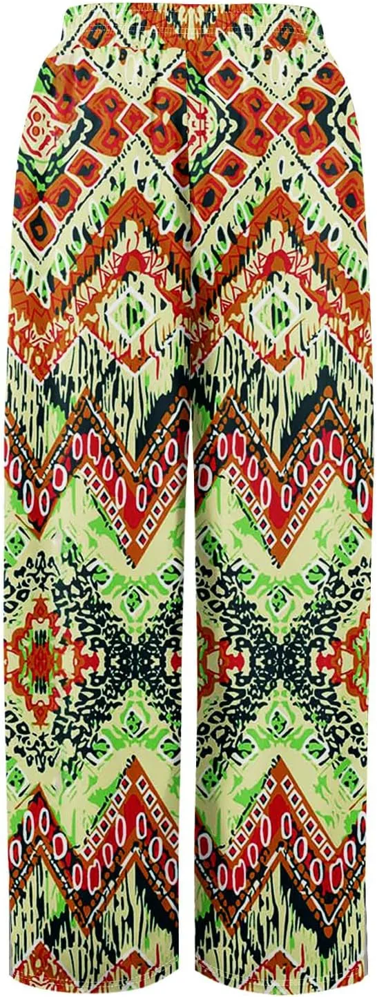 Summer Wide Leg Pants for Women Elastic Waist High Rise Floral Print Pants Beach Stretch Slit Loose Outfit Pocket 2025