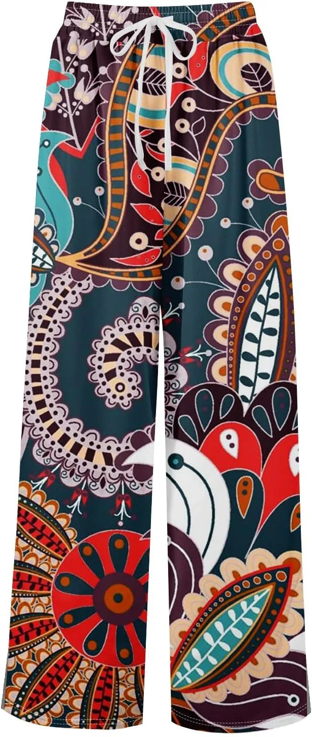 Summer Wide Leg Pants for Women Elastic Waist High Rise Floral Print Pants Beach Stretch Slit Loose Outfit Pocket 2025