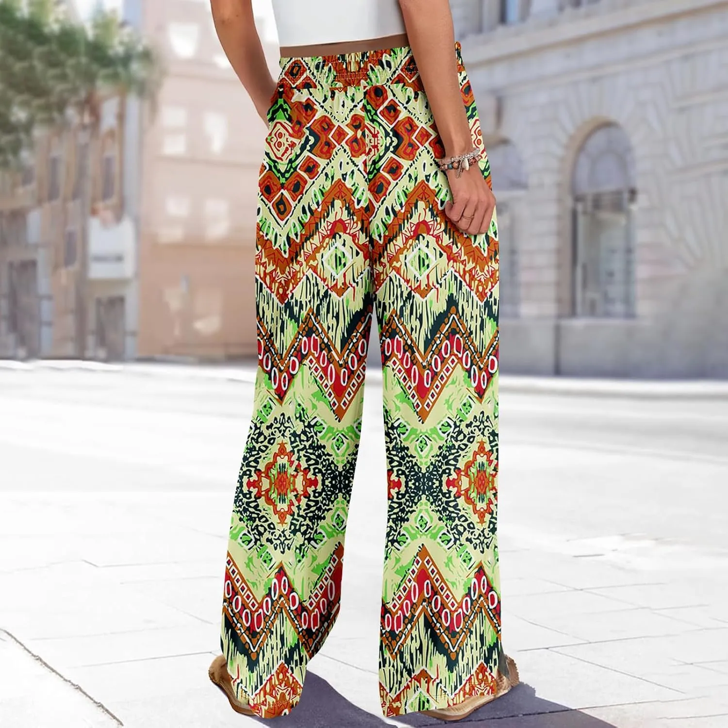 Summer Wide Leg Pants for Women Elastic Waist High Rise Floral Print Pants Beach Stretch Slit Loose Outfit Pocket 2025