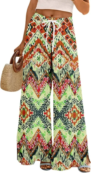 Summer Wide Leg Pants for Women Elastic Waist High Rise Floral Print Pants Beach Stretch Slit Loose Outfit Pocket 2025