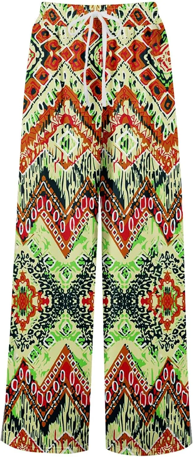 Summer Wide Leg Pants for Women Elastic Waist High Rise Floral Print Pants Beach Stretch Slit Loose Outfit Pocket 2025