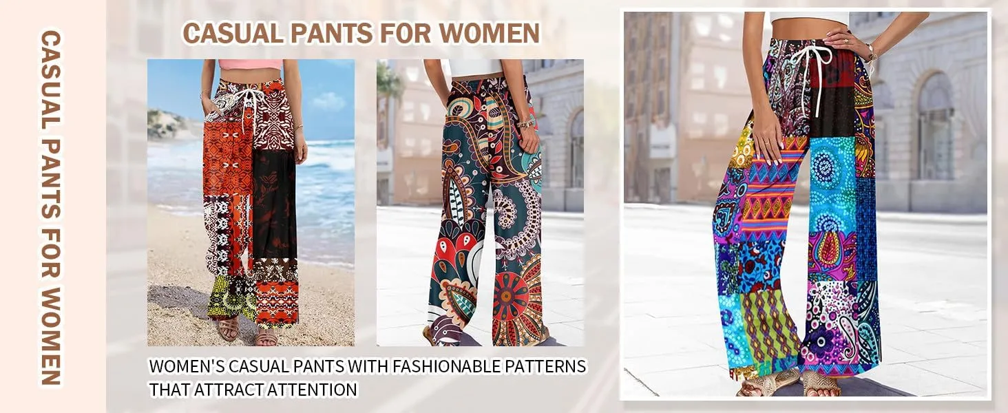 Summer Wide Leg Pants for Women Elastic Waist High Rise Floral Print Pants Beach Stretch Slit Loose Outfit Pocket 2025