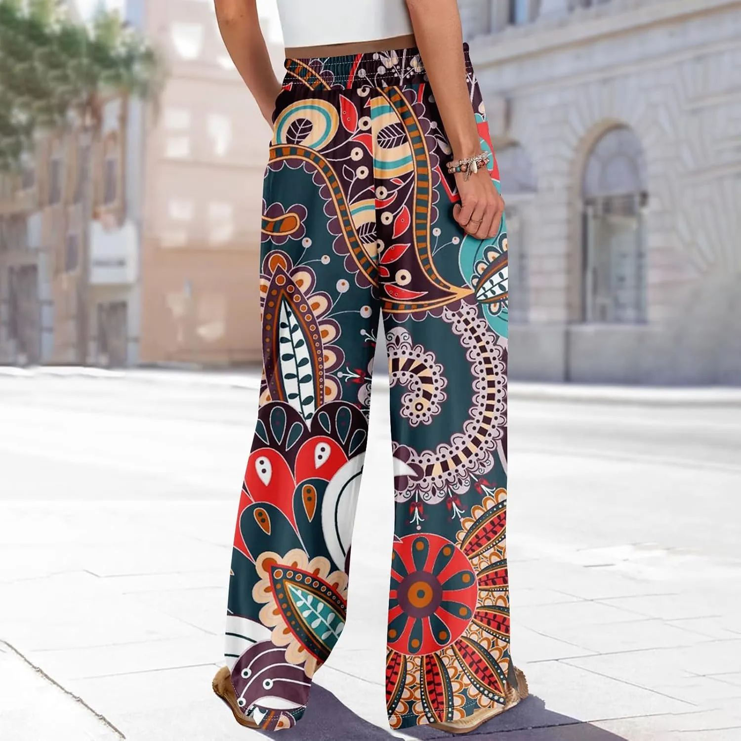Summer Wide Leg Pants for Women Elastic Waist High Rise Floral Print Pants Beach Stretch Slit Loose Outfit Pocket 2025