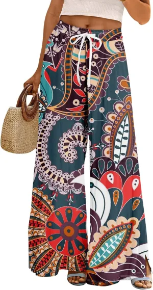 Summer Wide Leg Pants for Women Elastic Waist High Rise Floral Print Pants Beach Stretch Slit Loose Outfit Pocket 2025