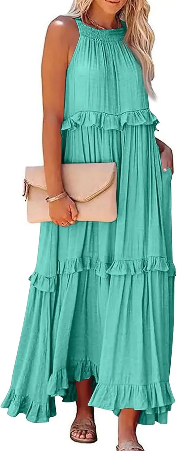 Sun Dresses for Women 2025 Vacation Halter Ruffle Tiered Flowy Maxi Dresses Beach Wedding Guest Dress with Pockets