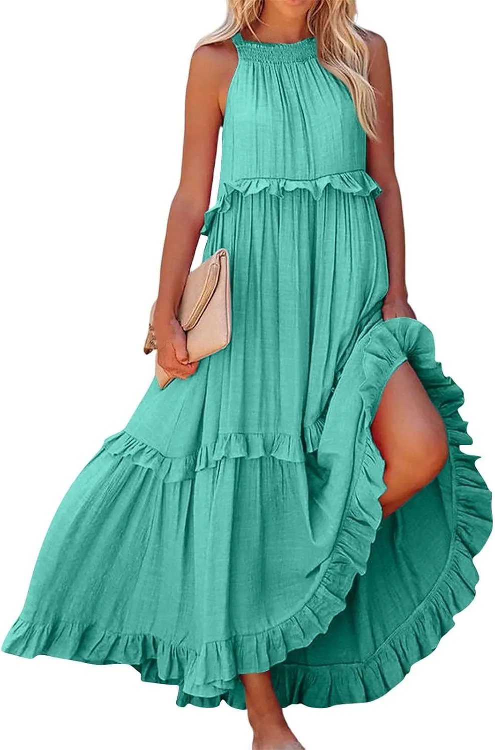 Sun Dresses for Women 2025 Vacation Halter Ruffle Tiered Flowy Maxi Dresses Beach Wedding Guest Dress with Pockets