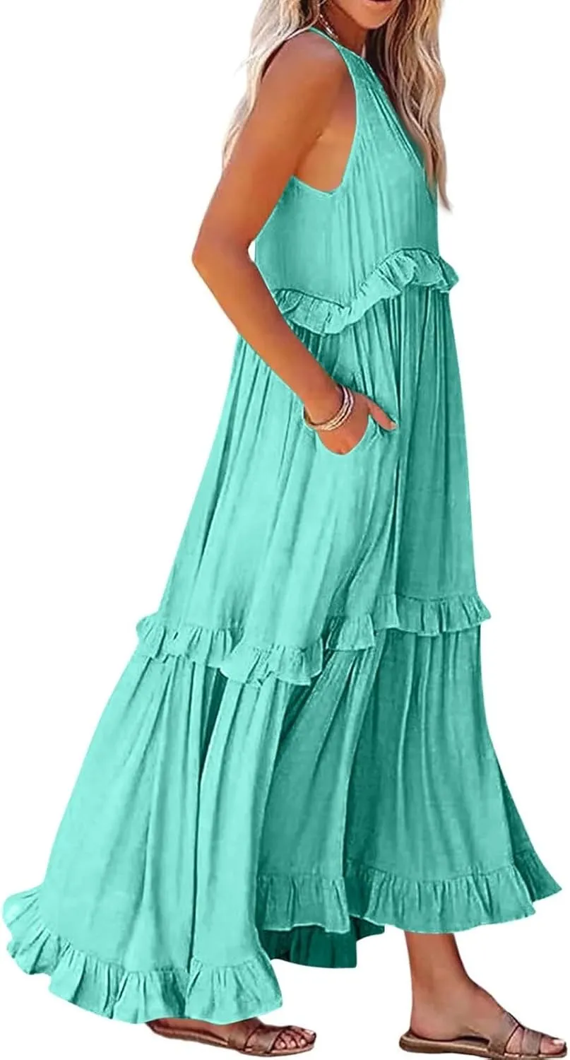 Sun Dresses for Women 2025 Vacation Halter Ruffle Tiered Flowy Maxi Dresses Beach Wedding Guest Dress with Pockets