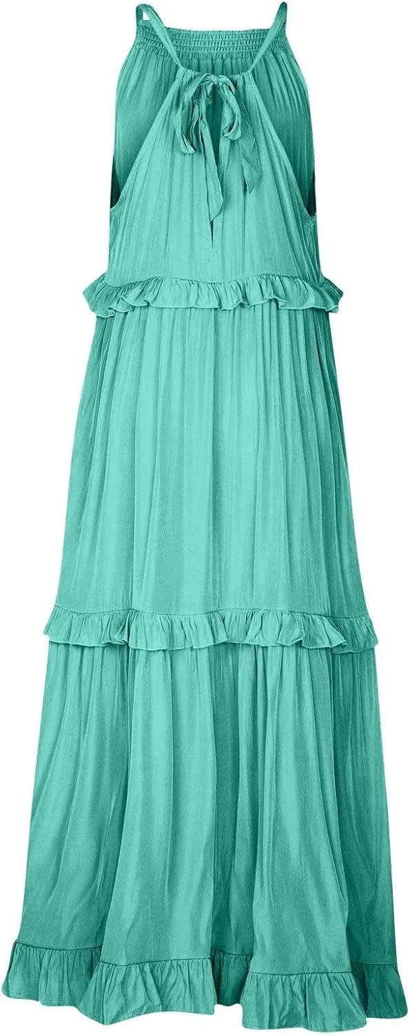 Sun Dresses for Women 2025 Vacation Halter Ruffle Tiered Flowy Maxi Dresses Beach Wedding Guest Dress with Pockets