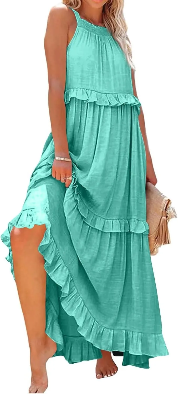 Sun Dresses for Women 2025 Vacation Halter Ruffle Tiered Flowy Maxi Dresses Beach Wedding Guest Dress with Pockets