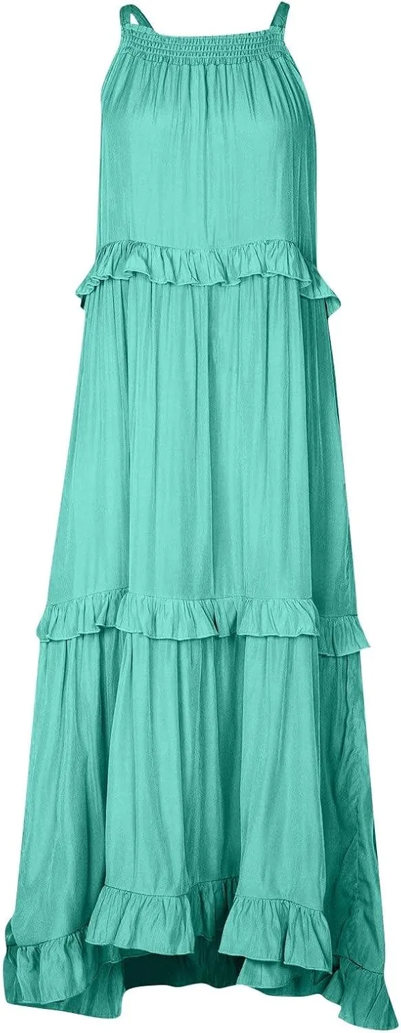 Sun Dresses for Women 2025 Vacation Halter Ruffle Tiered Flowy Maxi Dresses Beach Wedding Guest Dress with Pockets
