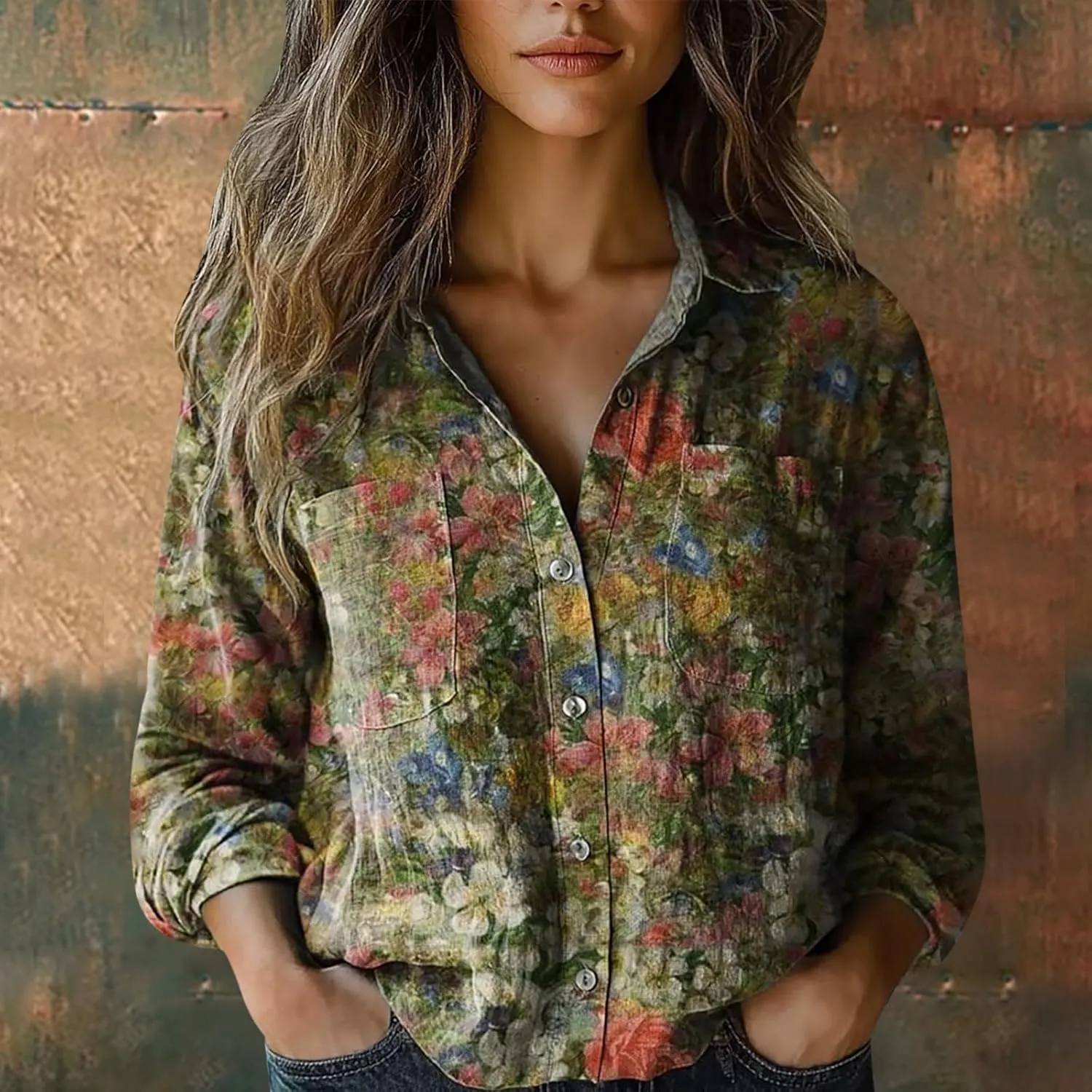Vintage Boho Tops for Women Floral Print Shirt Casual Long Sleeve Button Down Blouses Dressy T-Shirts with Pocket