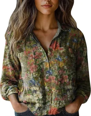 Vintage Boho Tops for Women Floral Print Shirt Casual Long Sleeve Button Down Blouses Dressy T-Shirts with Pocket