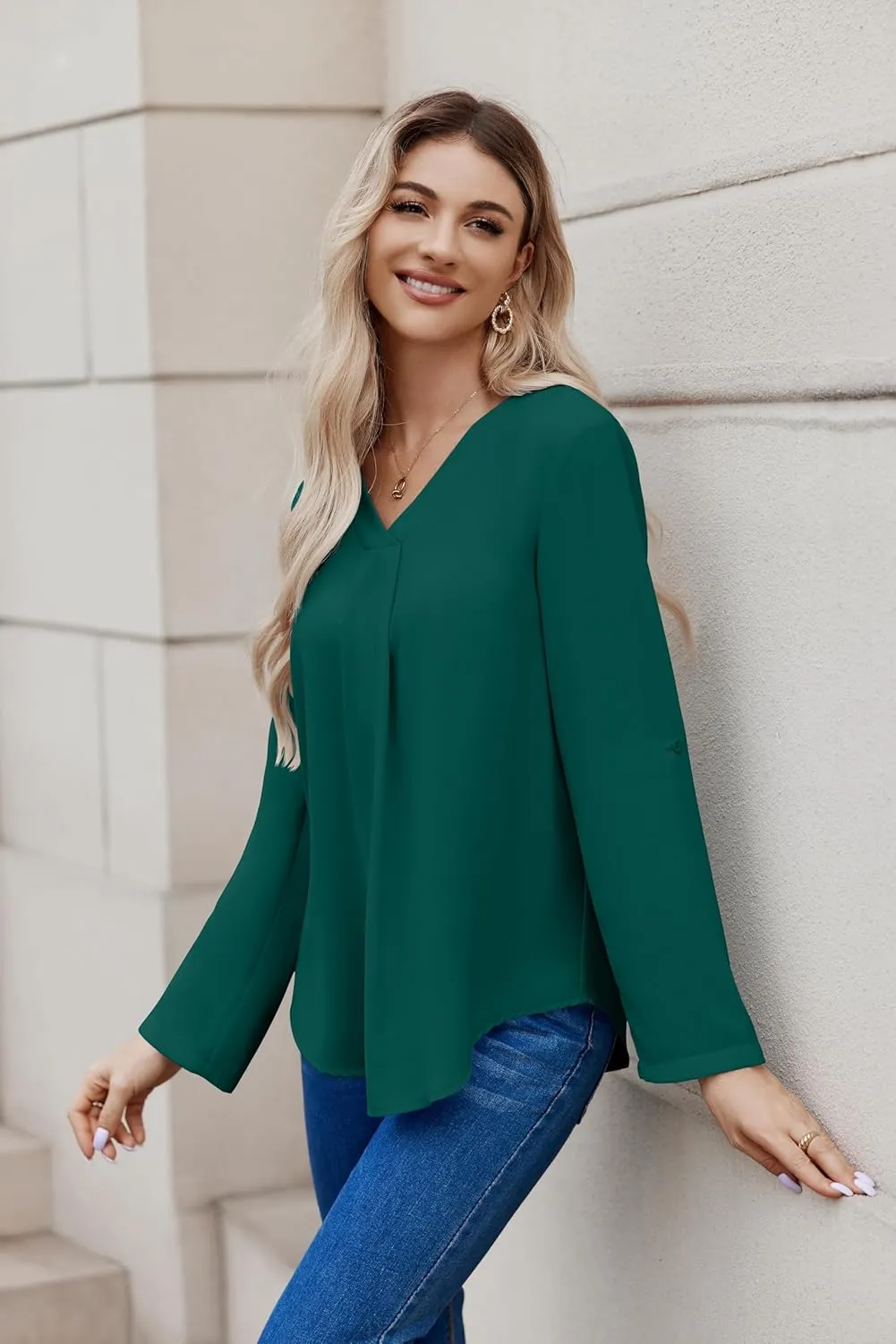 Women Business Casual Tops Blouses Dressy V Neck Chiffon Long Sleeve Work Shirts Elegant Ladies Tops