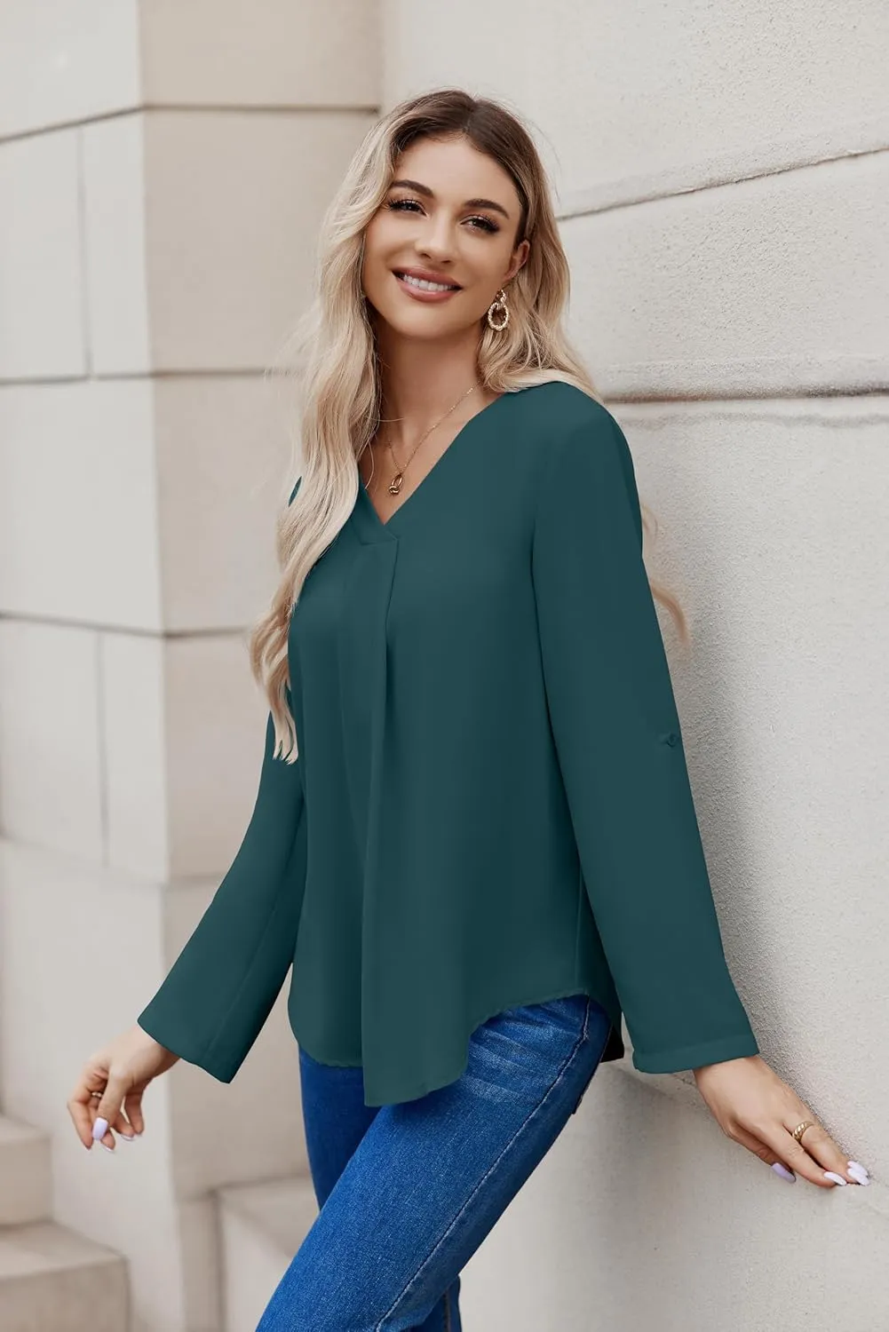 Women Business Casual Tops Blouses Dressy V Neck Chiffon Long Sleeve Work Shirts Elegant Ladies Tops