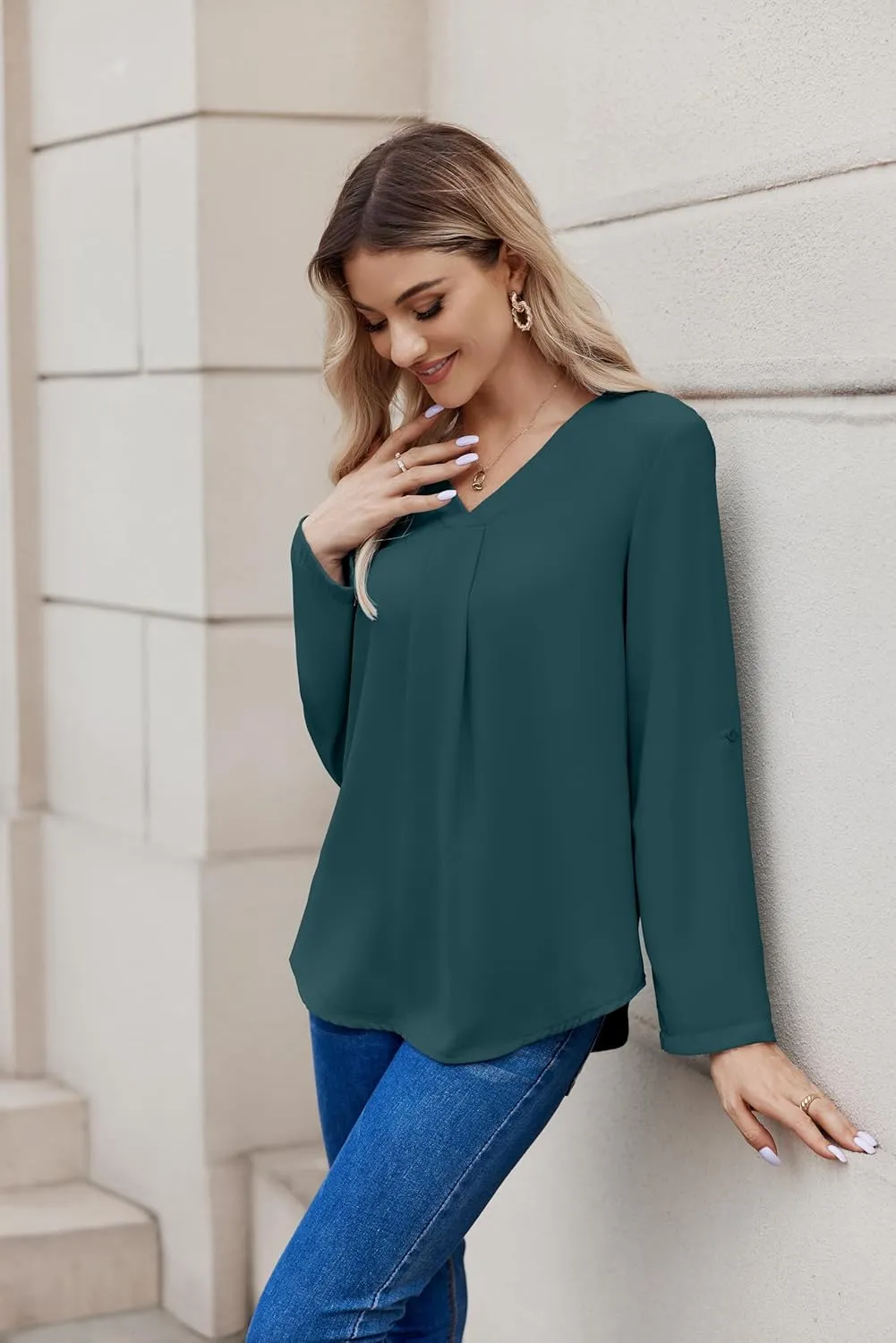 Women Business Casual Tops Blouses Dressy V Neck Chiffon Long Sleeve Work Shirts Elegant Ladies Tops