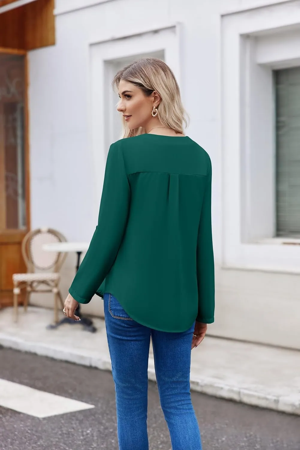 Women Business Casual Tops Blouses Dressy V Neck Chiffon Long Sleeve Work Shirts Elegant Ladies Tops